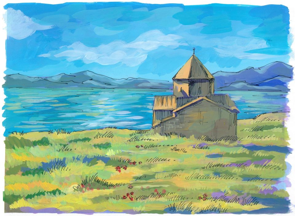 Церковь. Озеро. Картина