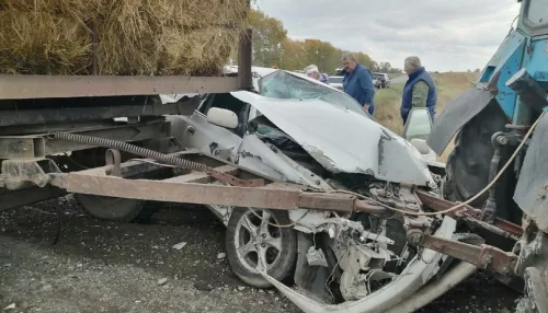 В Алтайском крае девушка-водитель на иномарке влетела под сеновоз