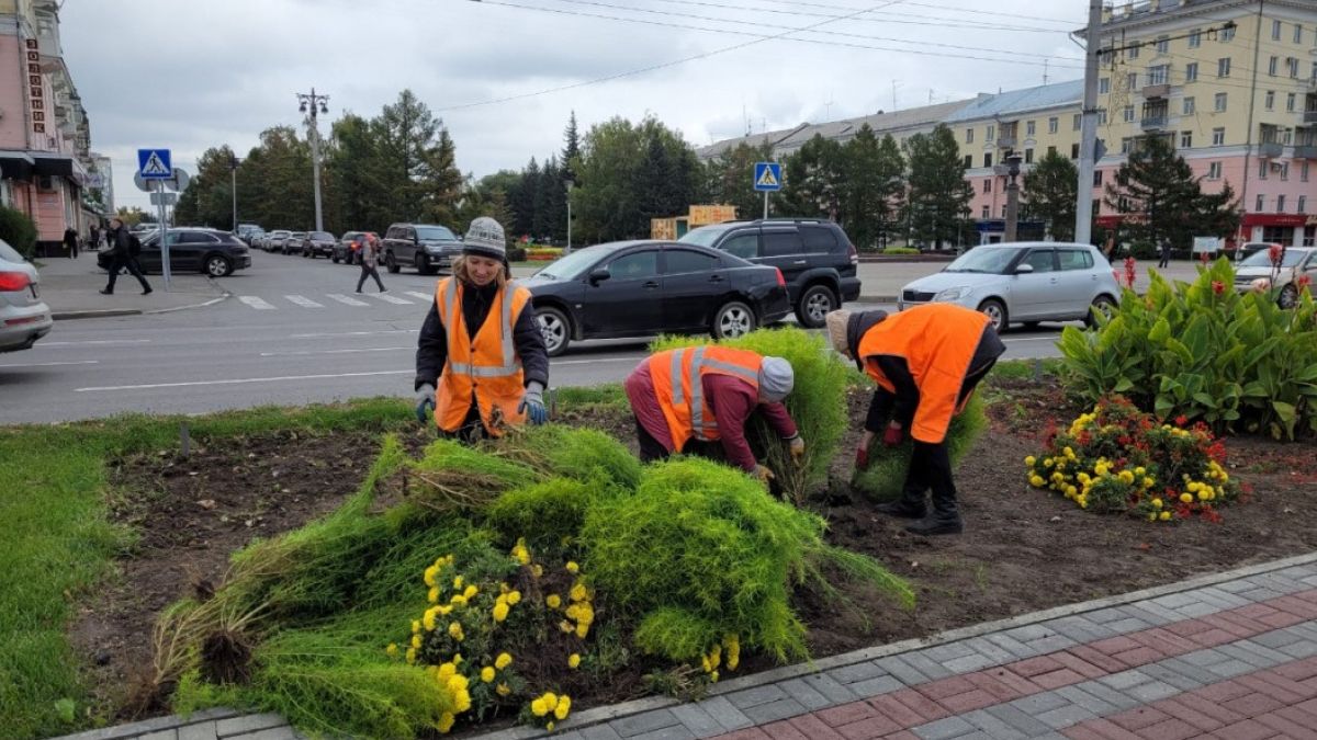 Работы на клумбах и в цветниках на проспекте Ленина 