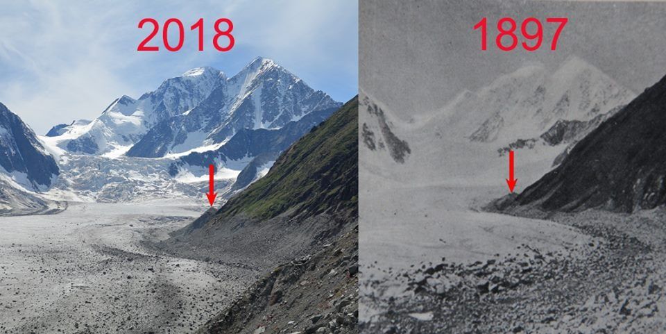 Ледник Менсу, 2018 и 1897 гг. 
