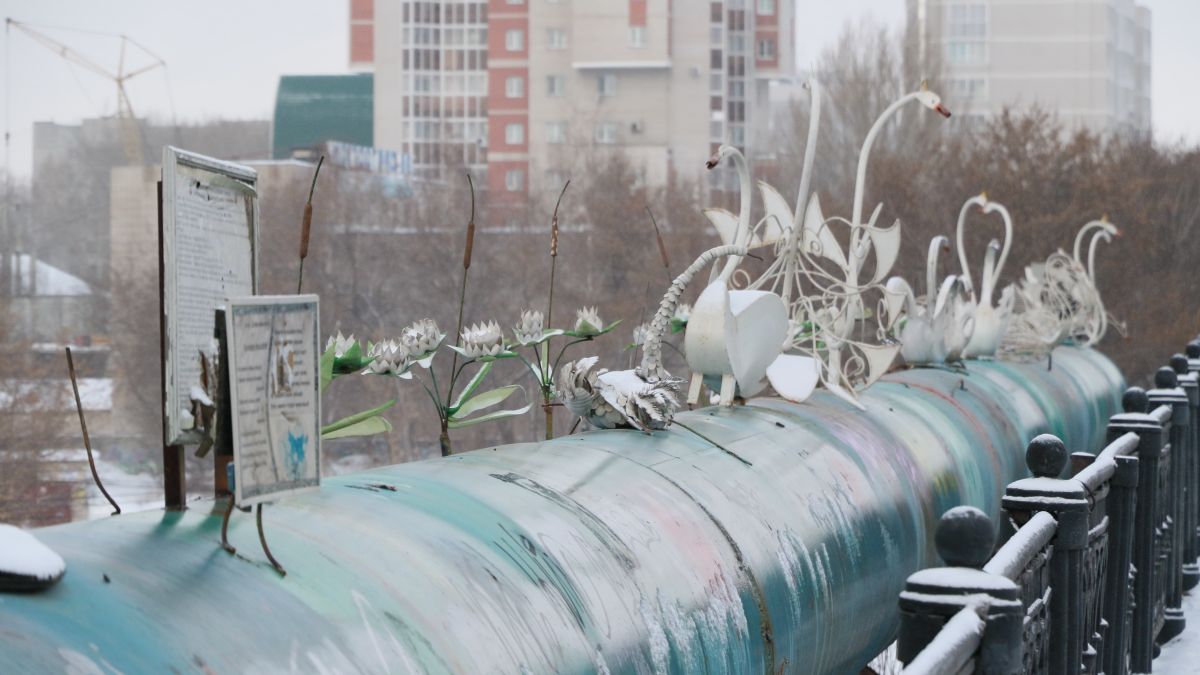 Лебеди на мосту на Новом рынке в Барнауле