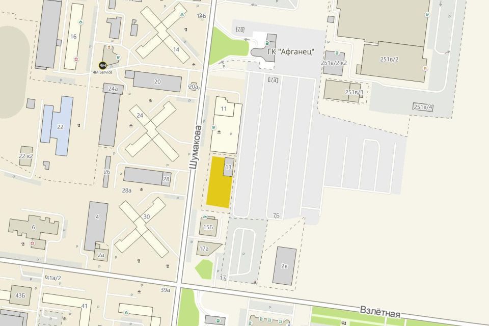Фрагмент карты, где указан (желтым цветом) участок на улице Шумакова, 13