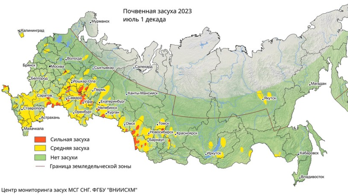 Карта декадного мониторинга почвенных засух, июль 2023 года 