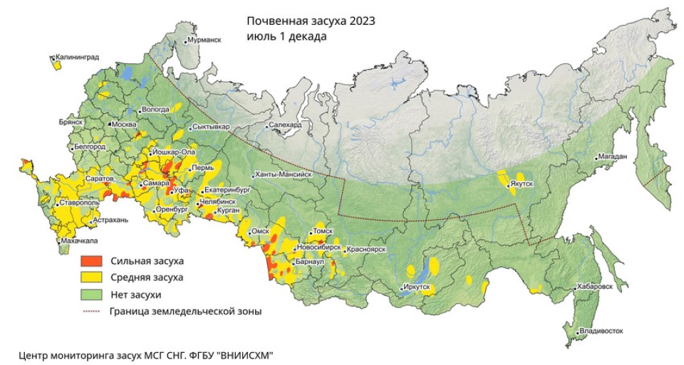 Карта декадного мониторинга почвенных засух, июль 2023 года 