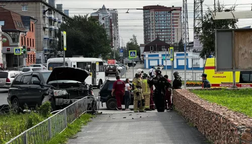 В центре Барнаула иномарка снесла светофор с дорожным знаком