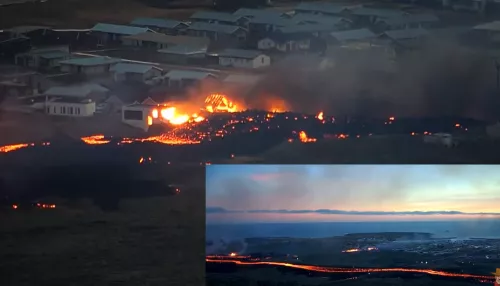 В Исландии началось извержение вулкана и лава надвинулась на жилые дома