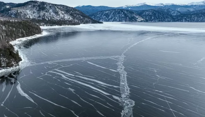 Лед Телецкого озера стал чистым и прозрачным как стекло. Фото