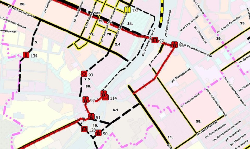 Фрагмент генплана развития Барнаула. Места тоннелей обозначены цифрами 97 и 128