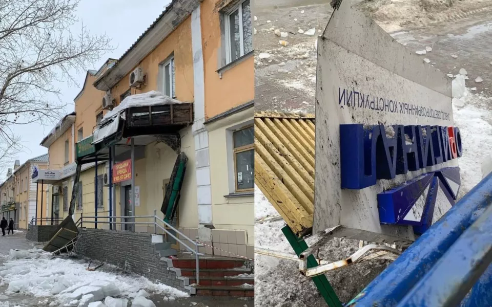 Глыба льда рухнула с крыши и снесла вывеску на пр. Строителей в Барнауле