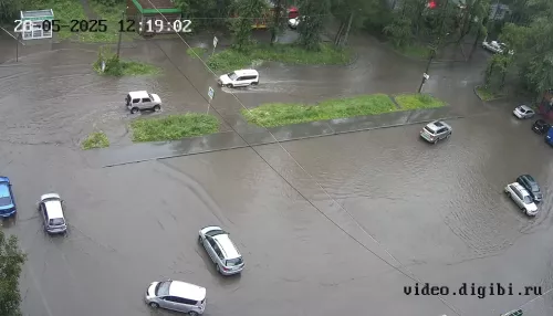 Автомобили плавают по улицам Бийска после дождя. Фото