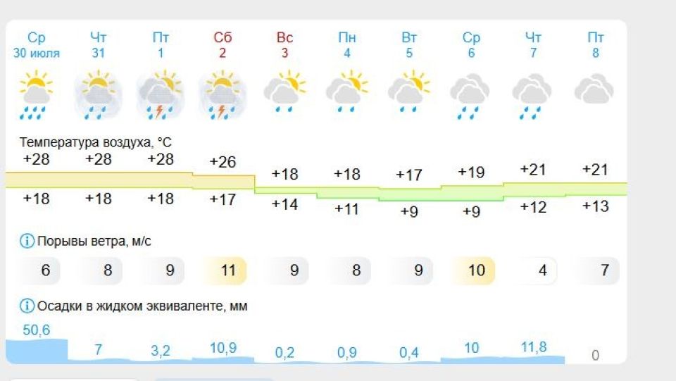 Прогноз обещает больше 50 мм осадков за сутки 30 июля Прогноз обещает больше 50 мм осадков за сутки 30 июля