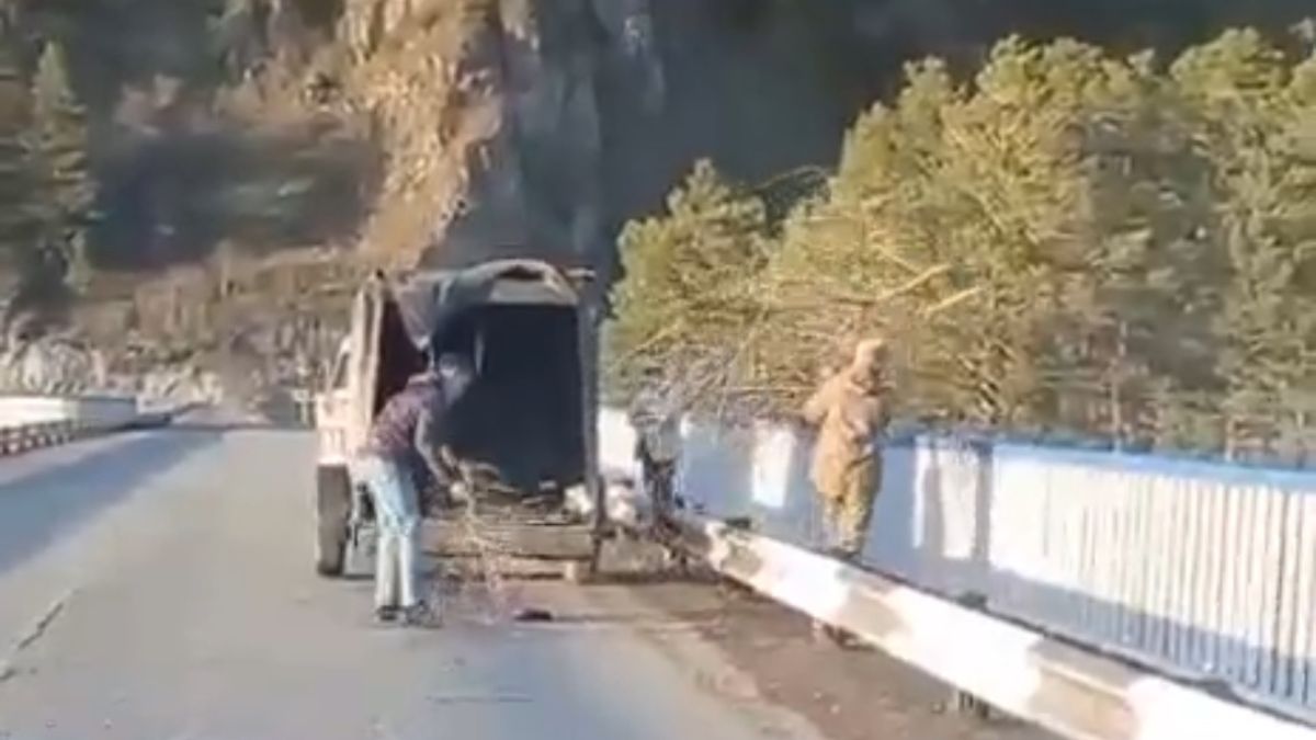 Мужчины сбросили ветки в Катунь