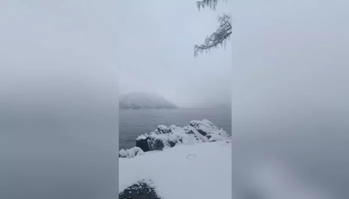 Берега Телецкого озера укрыло пушистым снежным одеялом накануне зимы. Видео