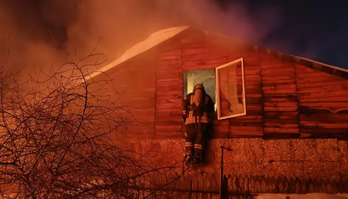 Пожар на площади 100 квадратов разгорелся в доме на трех хозяев в Барнауле