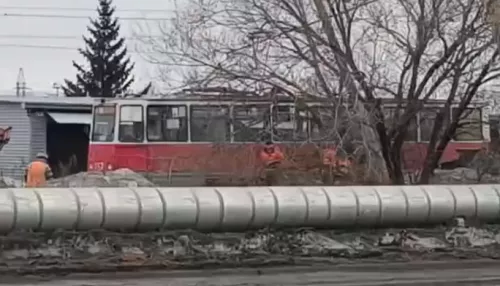 Столб рухнул на трамвай в бийском микрорайоне Трест. Видео