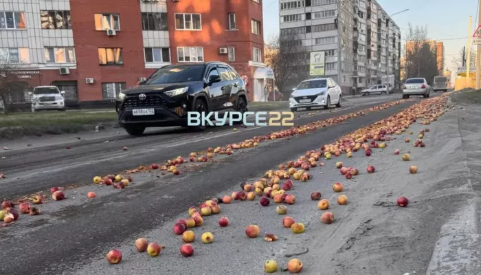 Прям сладкие!: грузовик засыпал яблоками улицу в центре Барнаула