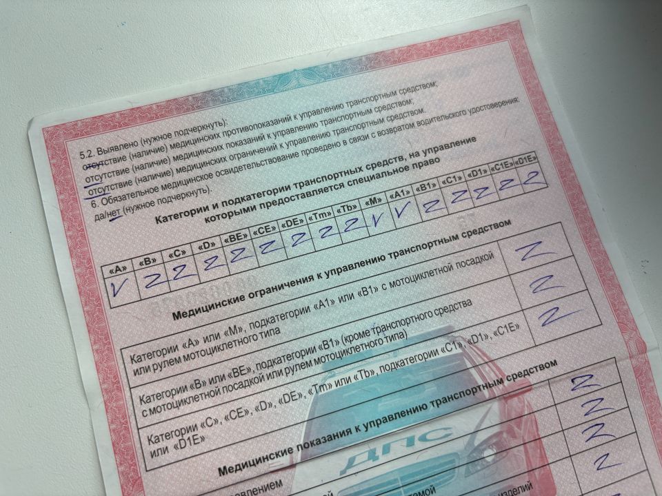 Оборотная сторона медицинской справки на получение водительского удостоверения