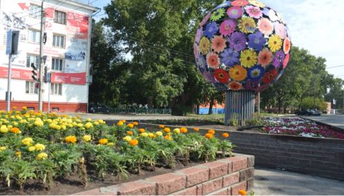 Огромный цветочный шар установили на клумбе в Барнауле