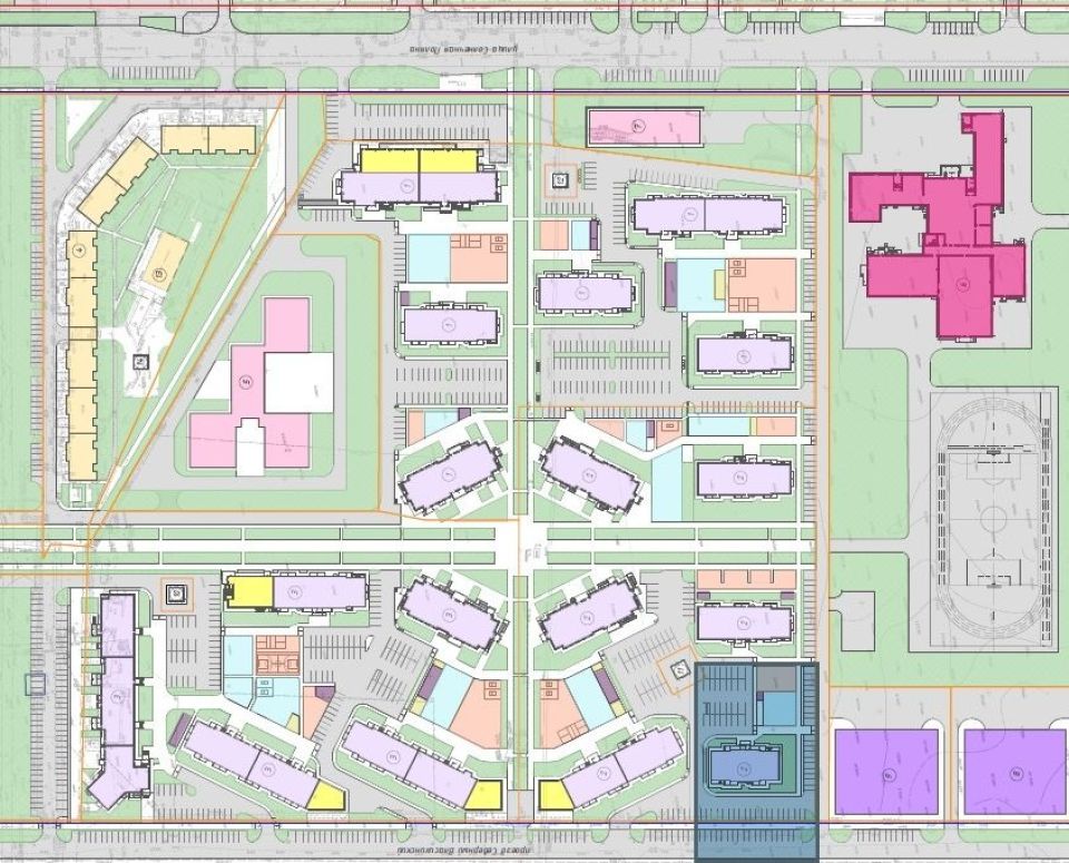 Новый проект планировки ЖК Nord. Розовым обозначен детсад, красным - школа, фиолетовым - гаражи. Темно-синим подсвечен новый дом. 